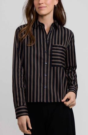 Foxcroft Jodie Stripe Cotton Button-Up Shirt in Black/almond at Nordstrom, Size X-Large