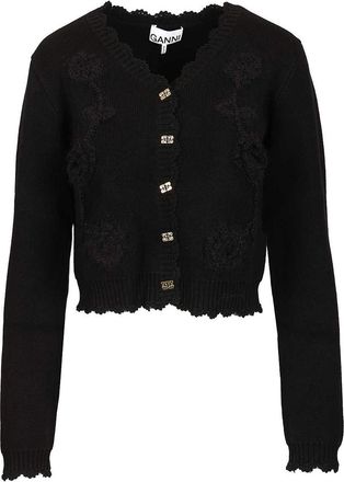 Ganni Cotton Cashmere Crochet Applique Cardigan