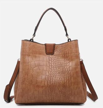 Jen & Co. Womens Embossed Vegan Leather Handbag With Shoulder Strap In Light Brown Croc