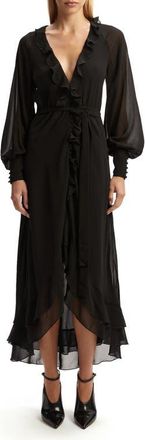Bardot Kassia Ruffle Long Sleeve High/Low Maxi Dress in Black at Nordstrom, Size 10