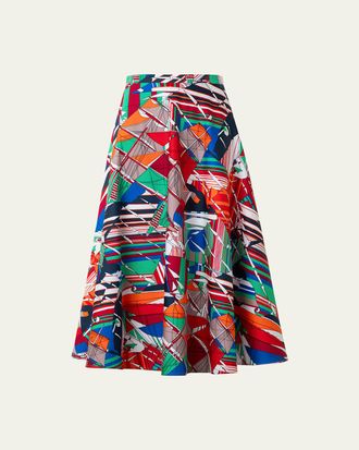 Akris Sea Clipper Print Flared Midi Skirt