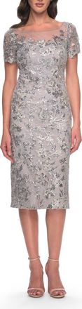 La Femme Lace and Sequin Short Dress with Illusion Neckline in Silver at Nordstrom, Size 10