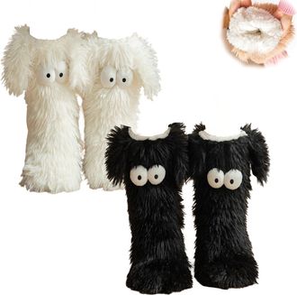 Generic Cozy Socks with Eyes,Cute Eye Winter Fuzzy Non-slip Slipper Socks,Fuzzy Soft Cozy Comfortable Socks for Women,Home Floor Shoes (White+Black)