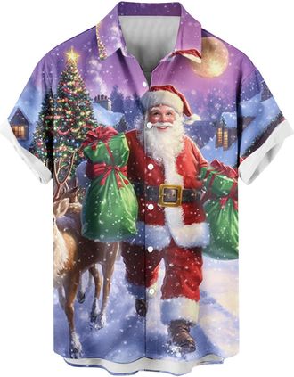 Generic Men Ugly Christmas Shirt Xmas Santa Snowman T Shirt Christmas Tree T-Shirts Button Up Hawaiian Shirts Short Sleeve Tops Xmas Sweatshirts Festive Pullo