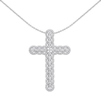 Jewelco London Silver CZ Scallop Edge Tennis Cross Pendant Necklace 18