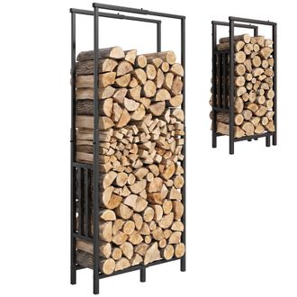 OUTSUNNY Estante De Le&ntilde;a De Acero Robusto, Con Ancho Y Alto Ajustables, De Chimenea Para Interior Y Exterior, 45,5-75,5x25x98-170 Cm, Negro