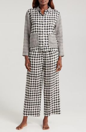 Desmond & Dempsey Long Sleeve Linen Pajamas in Gingham Linen Black/white at Nordstrom, Size Medium