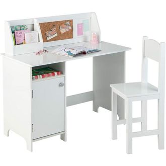 Costway Costway - Juego De Mesa Y Silla Infantil De Madera, Mesa De Estudio Con Silla, Estanter&iacute;a Superior, Librer&iacute;a, Armario Y Tablero De Corcho, Escritorio 