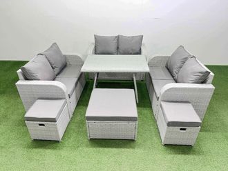 Fimous 9-seater Patio Rectangular Table Love Sofa Set with 3 Stools in Light Grey