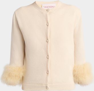Valentino Garavani Feather-Cuff Crewneck Cardigan