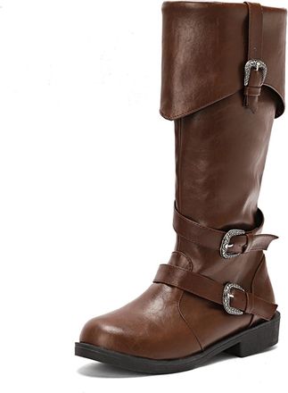 Generic Womens Knee-High Pirate Style Riding Boots Faux Leather Buckle Decorated Low Block Heels Side Zip Boots for Daily Wear Cosplay Festival Outings,Brown,