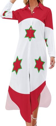Generic Burundi Flag Casual Summer Dresses for Women Long Sleeve Shirt Dress V Neck Button Blouses L