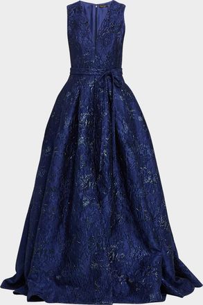 Reem Acra Deep V-Neck Textured Metallic Jacquard Ball Gown
