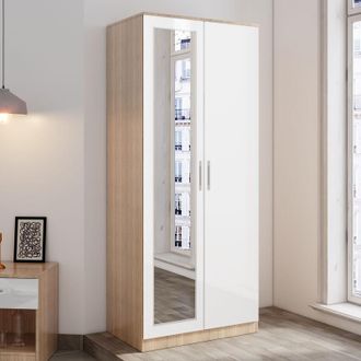 Elegant Lighting Elegant - Modern Soft Close 2 Doors Wardrobe with Mirror and Metal Handles Includes a removable hanging rod and storage shelves, Black/Walnut