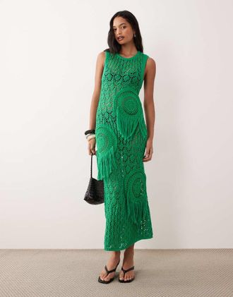 Asos Vestito lungo verde alluncinetto patchwork traforato con frange