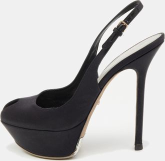 Sergio Rossi Black Satin Slingback Peep Toe Pumps