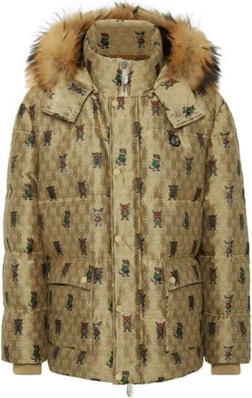 Philipp Plein Jassen, Heren, Beige, XL, Katoen, Jacquard Puffer Jacket Monogram Fairy met Kraag van Bont