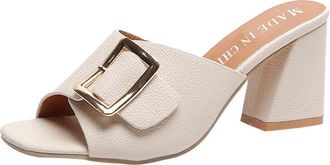 Generic Chunky Heel Sandals For Women Solid Color Leather Sandals Buckle Embellished Sandal Fashion Open Toe Sandal Sexy Fish Mouth Shoes Sturdy Grip Square H