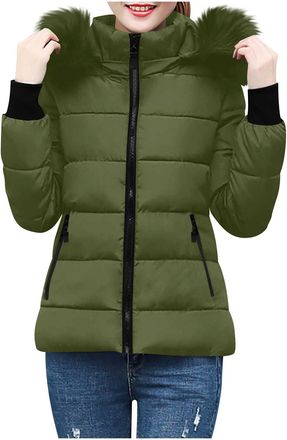 Generic Quilted Jacket Womens Fur Trimmed Hooded Padded Puffer Coat Ladies Winter Padded Down Coat Thickened Warm Coats Full Zip Short Windproof Outerwear wit