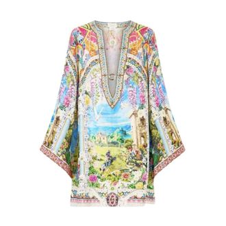 Camilla Korte Kaftan met Diepe V-hals Nav&agrave;s Nouveau - Dames - Badkleding - Veelkleurig - Maat: Xs/S Linnen