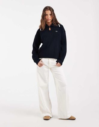 Fred Perry camicia lavorata a maglia con colletto ampio a contrasto navy-blu navy