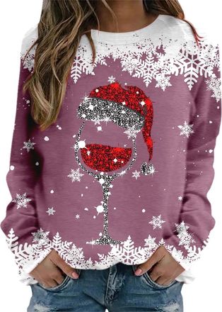 Generic WomenS Christmas Sweatshirts Wine Glass Jumper Crewneck Christmas Long Sleeve Pullover Tops Loose Print Funny Xmas Plus Size Warm Holiday Knit Sweater