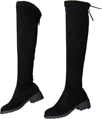 Generic Womens Winter Black Over The Knee Boots Lace-Up Chunky Heels Round Toe Boots