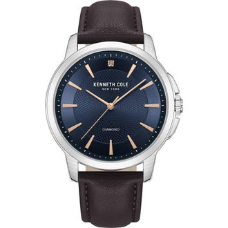 Kenneth Cole Diamond Dial Leather Strap Watch, 44mm in Black at Nordstrom Rack