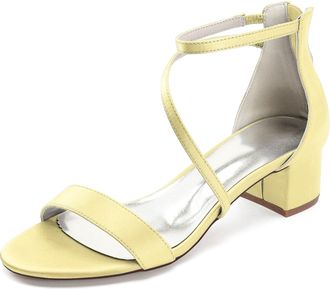 Generic Womens Low Block Heel Satin Bridal Open Toe Chunky Heels Wedding Shoes Pearl Wedding Heels Bridal Shoes 4.5Cm,Yellow,10 UK