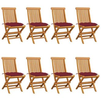 vidaXL Sillas De Jard&iacute;n 8 Uds Madera De Teca Con Cojines Rojo Tinto Vidaxl