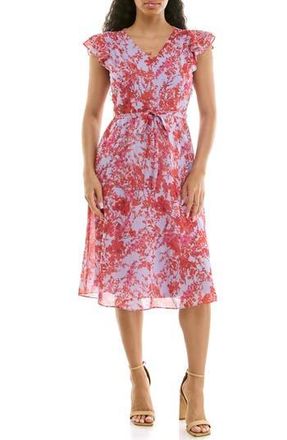 Nina Leonard V-Neck Sleeveless Fit & Flare Dress in Red Multi at Nordstrom Rack, Size X-Large