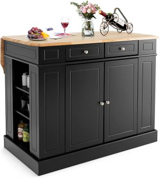 Costway Isla De Cocina Con Almacenamiento Con Encimera De Madera, Cajones, Estantes Laterales Y 2 Puertas, Carrito De Cocina Con Estantes Ajustables De 3 Nive