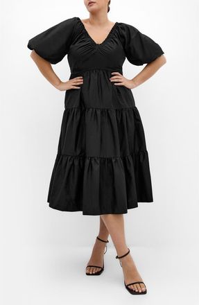 City Chic Fantasy Tiered Puff Sleeve Midi Dress in Black at Nordstrom, Size Xxxs