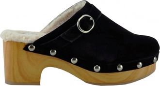 Chinese Laundry Womens Carlie Suede Wood Fur Clog In Black