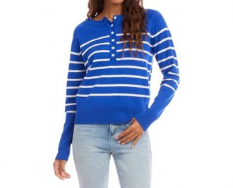 Karen Kane Henley Stripe Sweater In Sapphire With Off White