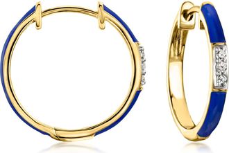 Ross-Simons Navy-Blue Enamel and Diamond Hoop Earrings in 18kt Gold Over Sterling