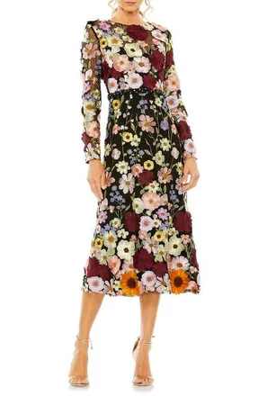 Mac Duggal Hand Stitched Floral Embellished High Neck A-Line Dress in Black Multi at Nordstrom, Size 16