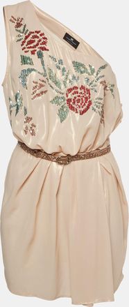 Elisabetta Franchi Metallic Floral Embellished Crepe One Shoulder Mini Dress