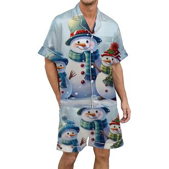Generic Mens Christmas Printed Silk Satin Pajama Set Short Sleeve Button Up Wear Comfortable Holiday Nightwear for Festive Season (White, XL)