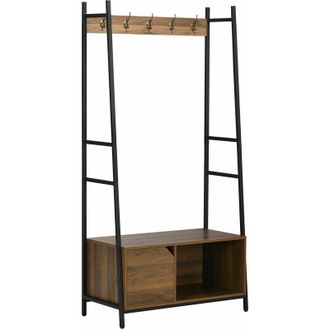 HOMCOM Homcom - Perchero Con Zapatero Perchero Con Banco Mueble Recibidor Con 5 Ganchos Puerta Y Estante Abierto Para Pasillo Entrada 84x40x169 Cm Marr&oacute;n