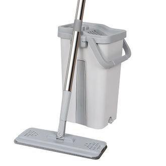 OEM Fregona De Microfibra Y Cubo Escurridor Con 6 Cabezales Reutilizables, Fregona Plana Con Doble Compartimento, Color Blanco