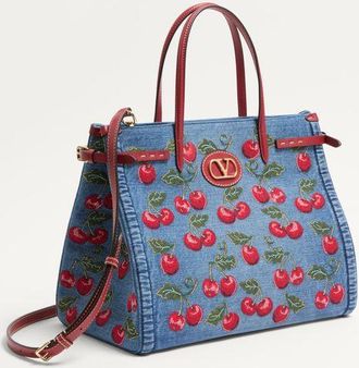 Valentino Garavani Borsa Shopping Media Valentino Garavani Antibes In Denim Con Ricamo Cherryfic Donna DENIM/MULTICOLOR UNI