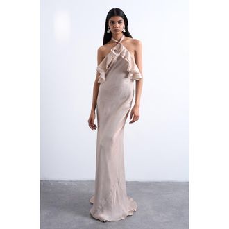 Topshop Ruffle Satin Halter Maxi Dress in Iridescent Mink at Nordstrom, Size 10 Us