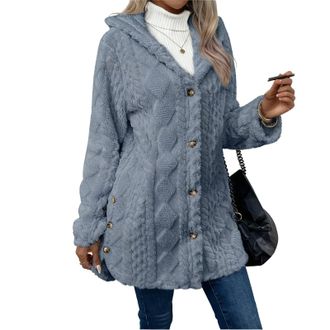 Generic Womens Fall Winter Warm Fashion Jacquard Hooded Cardigan Long Sleeve Coat, Stylish Casual Hooded Cardigan Coat (Hazy Blue,L)