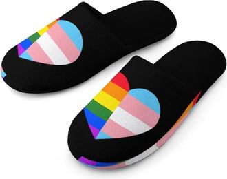 Generic LGBT Rainbow Transgender Flag Heart Cotton Slippers for Men Memory Foam House Slippers Soft Anti-skid Sole Indoor Outdoor Shoes