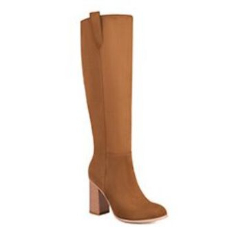 Generic Womens Knee-High Boots Suede-Like Fabric Pointed Toe Block Heels Wooden Heel Pull Tab Slip On Solid Color Stylish Durable Design,Brown,3.5 UK