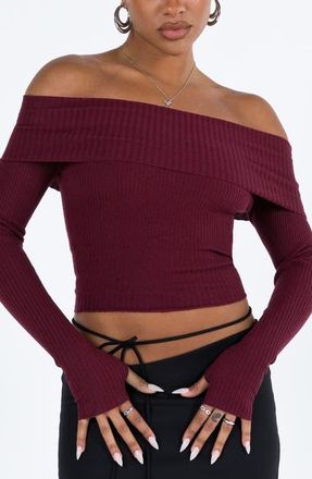 Princess Polly Morley Foldover Off the Shoulder Rib Sweater in Dark Red at Nordstrom, Size Medium