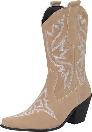 Generic Womens Western Mid Calf Boots Square Toe High Block Heel Slip On With Retro Embroidery Leisure Style Footwear