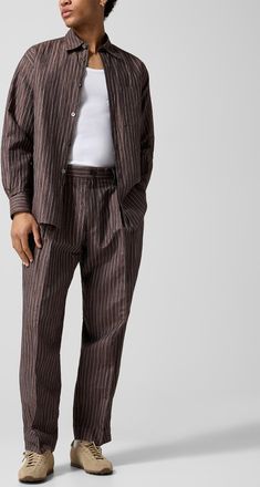 &Eacute;cole de Pens&eacute;e Mens Wrinkled texture striped brown pant