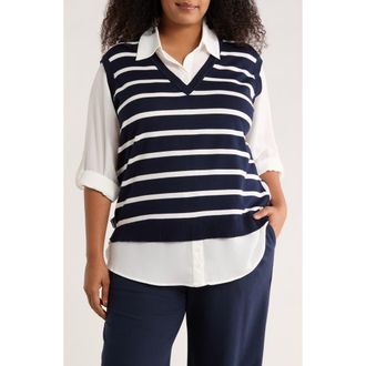 Adrianna Papell V-Neck Twofer Sweater in Blue Moon/Ivory Stripe at Nordstrom Rack, Size 2 X